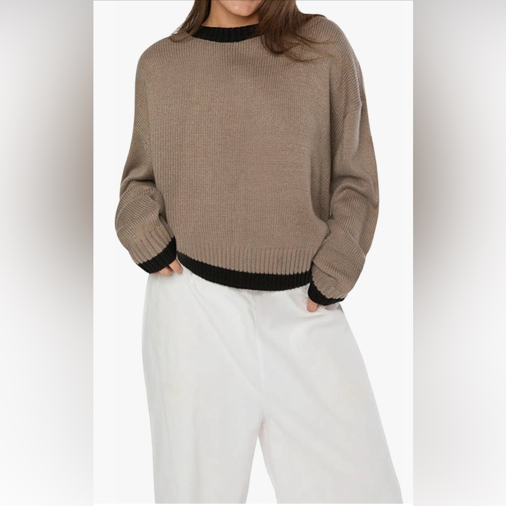 WeWoreWhat Oversized Crew Taupe and Black Knit Sweater Size S